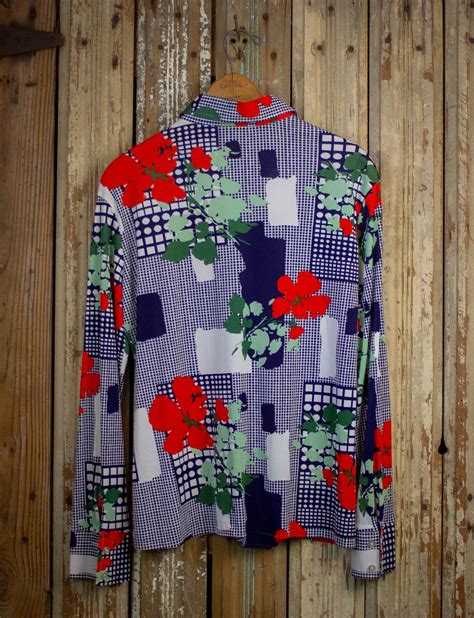 Vintage Elles Belles Disco Button Up Shirt 70s Blue Orange Green Mediu