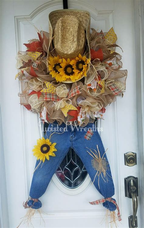 Fall Scarecrow Wreath Twisted Wreaths Autumn Fall Sunflower Cowboy
