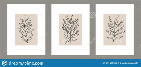 Set Of Botanical Contemporary Wall Art Poster Tropical Foliage Line Art Drawing With Abstract