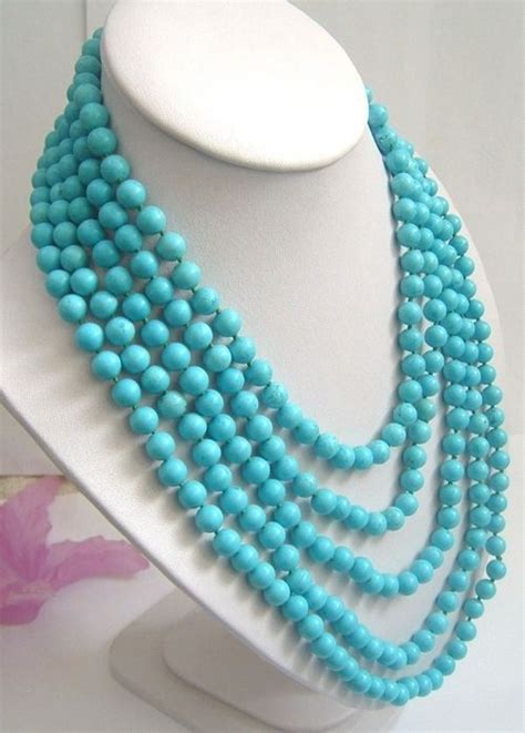 5 Strands Sky Blue Turquoise Beads Necklace Ss925 Clasp