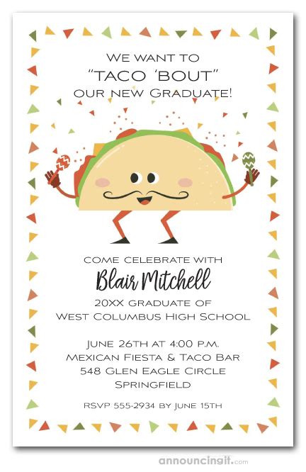 This is a great starting point if you are looking for taco bar ideas for a graduation or wedding. Taco Bout Fiesta Graduation Party Invitations