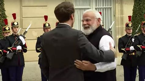 French Prez Macron Welcomes Pm Modi With Warm Hug Discuss Bilateral