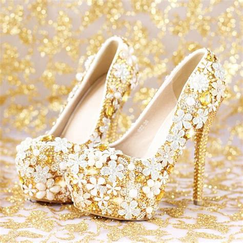 glitter gold rhinestone wedding shoes 5 inches high heel party pumps bling diamond evening prom
