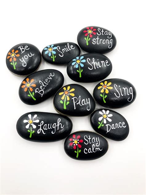 Encouragement Stones With Flowers Set Of 10 Affirmation Etsy Rock