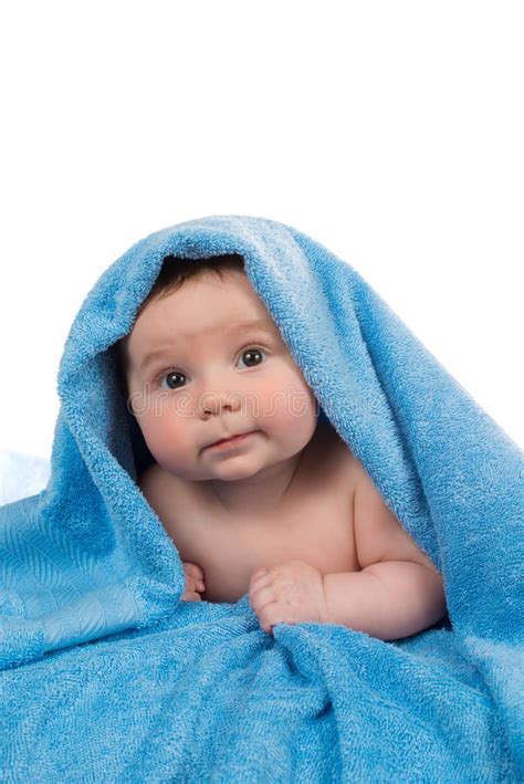 Newborn Baby Lying Down And Smiling In A Blue Towel Stock Photo Image Of Lilac Healthy