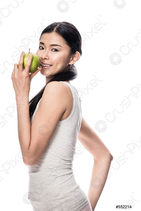Gelukkig Aziatisch Jonge Vrouw Met Een Groene Appel Stockfoto