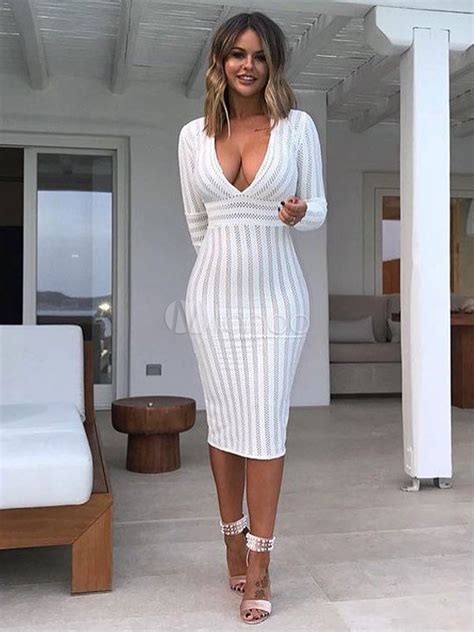 White Party Dress Long Sleeve Bodycon Dress Plunging Shaping Sexy Midi