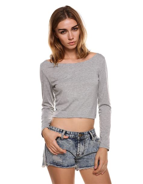 Sexy Women Long Sleeve Crop Tops Cropped Scoop Neck Casual T Shirt Tops