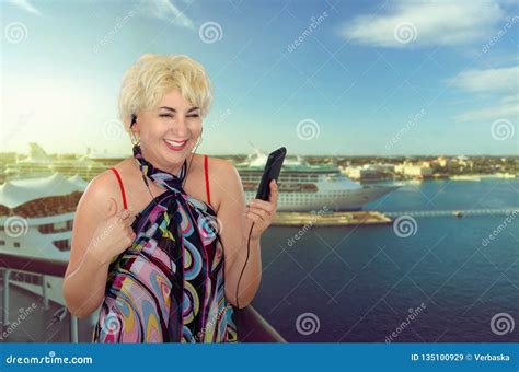 happy mature woman enjoying at cruise ship stock image image of travel portrait 135100929