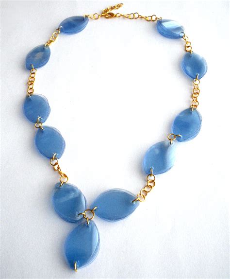 Blue And Gold Statement Necklace Made Of Recycled Plastic Bottles