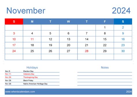 Download Nov 2024 Printable Calendar Free A4 Horizontal 114125
