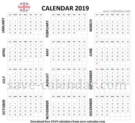 Calendar 2019 Uk Printable Template Calendar 2019 With Holidays