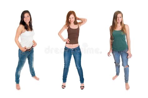 Full Length Portraits Of Three Beautiful Young Women Wearing Casual