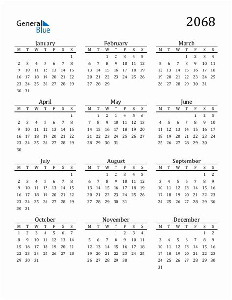 2068 Yearly Calendar Templates With Monday Start