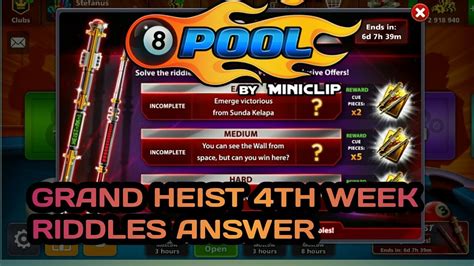 8 ball pool free heist cue and avatar riddles solved. 8 BALL POOL: GRAND HEIST 4TH WEEK RIDDLES ANSWER+HIDDEN ...