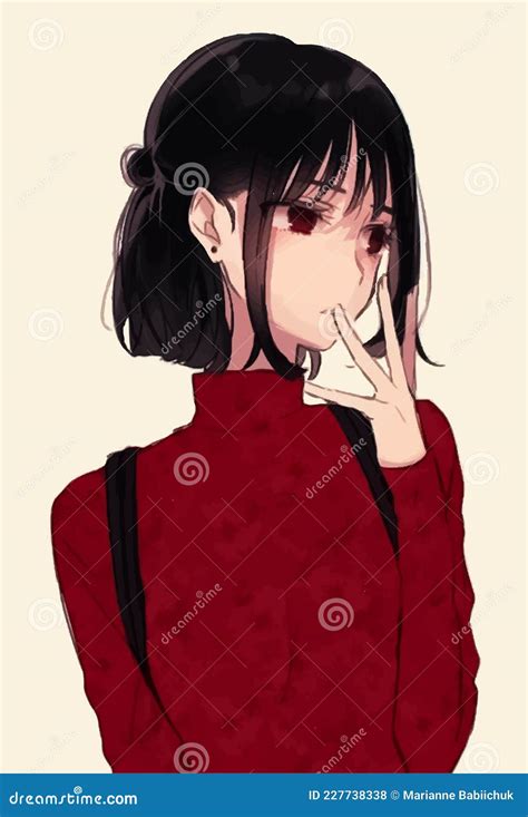 Anime Girl With Black Hair And A Red Sweater Stock Vector Illustration Of Kill Font 227738338