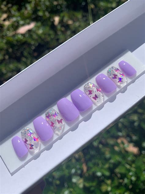 Short Press On Nails Lavender Butterfly Nails Coffin Etsy
