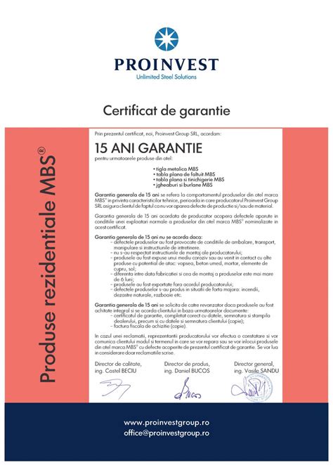 Certificare Produs Certificat Garantie Rezidentiale Mbs F600 Proinvest