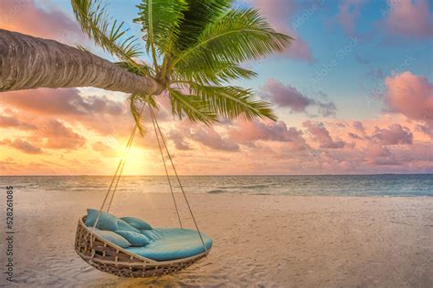 Tropical Sunset Beach Background Summer Island Landscape With Palm Swing And Sand Sea Sky Beach
