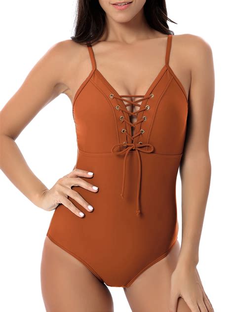 One Piece Swimsuit For Women Sexy Halter Deep V Solid Color Monokini