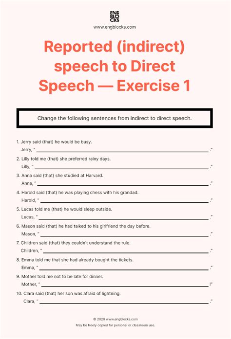 Reported Indirect Speech To Direct Speech Worksheet 1 Direct