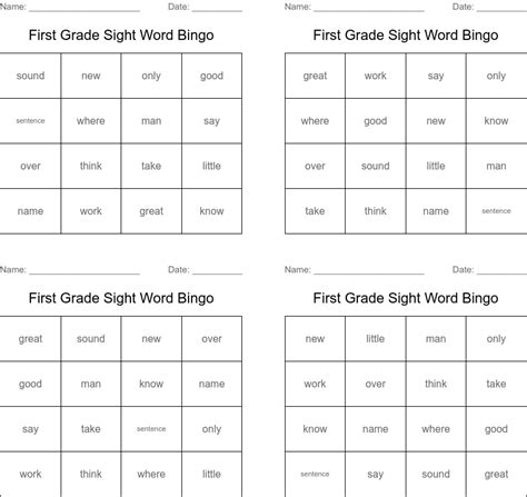 First Grade Sight Word Bingo Wordmint