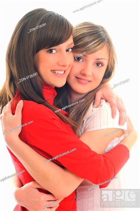 Two Young Girl Lesbian Friend Isolated Happy On White Background Stock