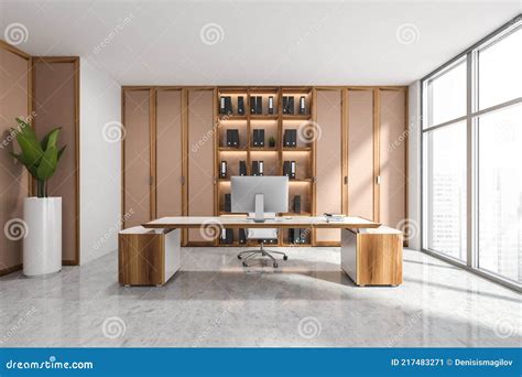 Business Manager Room Interior With Furniture And Windows Stock