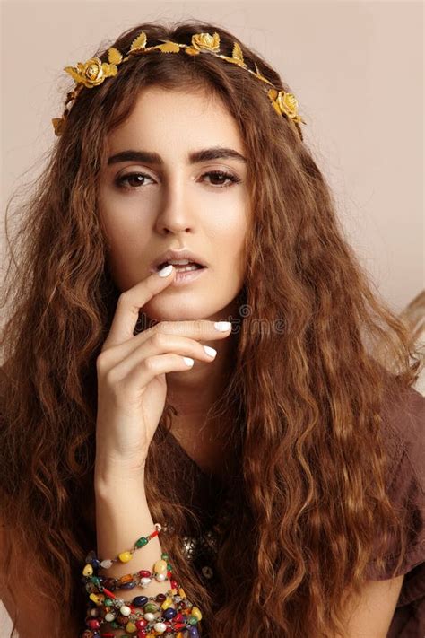 Beautiful Young Woman With Long Curly Hairstyle Fashion Jewelry With