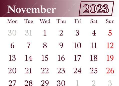 Calendario De Noviembre De 2023 Simple Granate Png Calendario