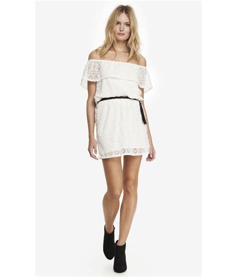Express Off The Shoulder Ruffle Lace Dress In White Soft Ivory Lyst