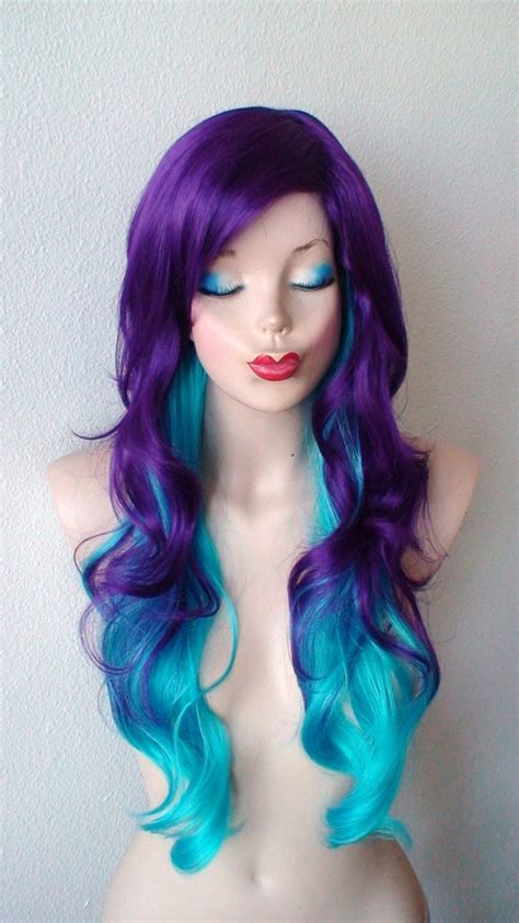 Deep Purple Teal Blue Ombre Wig Curly Hair Purple Blue Etsy