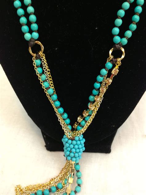 Hand Made Turquoise Beaded Necklace With Gold Chain Accents Turquoise