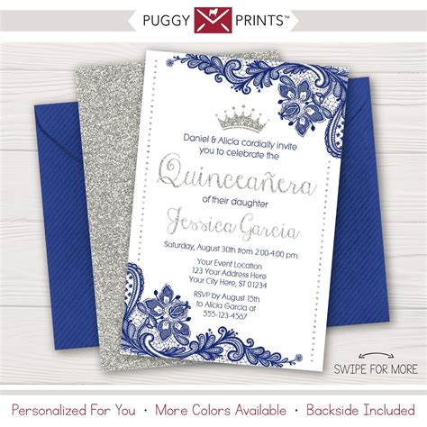 Quinceanera Invitation Princess Lace Royal Blue And Silver Etsy