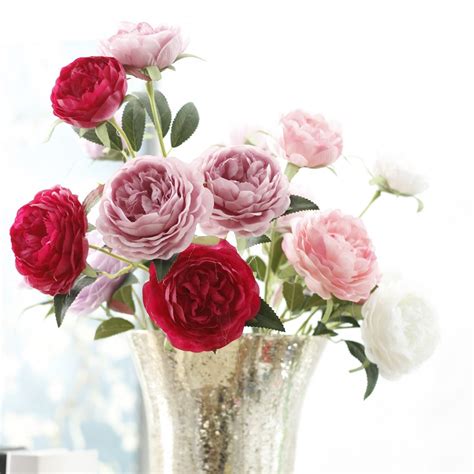 yo cho silk artificial peonies flower 3 heads white peony display flower bouquet roses wedding