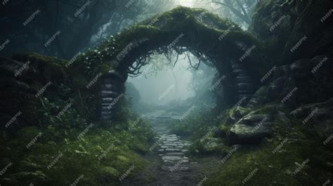 Premium Ai Image Misty Dark Mood Archway In An Enchanted Fairy Forest