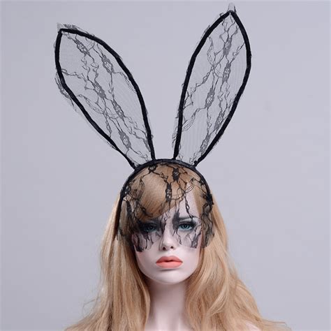 Lace Rabbit Bunny Ears Veil Black Eye Mask Party Head Wear Party Masks For Girl Women Oversized