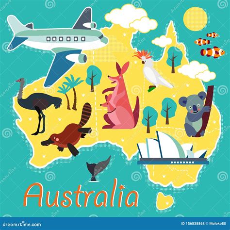 Animal Cartoon Map Australia For Children And Kids Vector