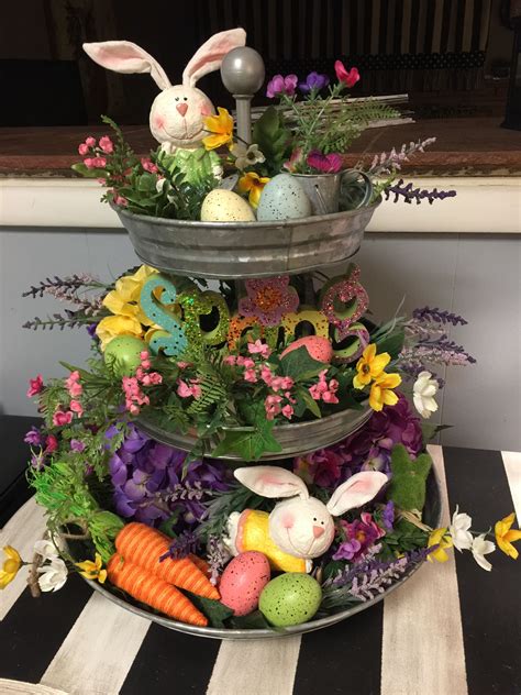 Spring And Easter Metal Tier Tray With Bunnies Carrots Eggs And Spring