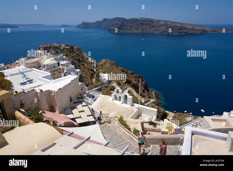 Blick Vom Dorf Oia Am Kraterrand Auf Den Sunset Point Am Lontza Kastell