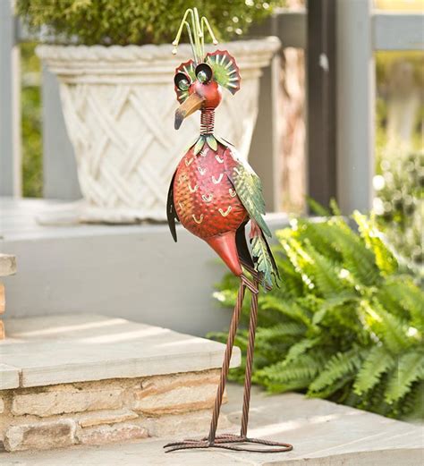 Red Bobble Head Bird Metal Garden Sculpture Wind And Weather