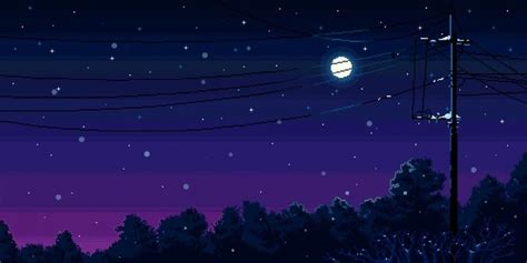 Starry Night Skyline Forest Pixel Art Background Pixel