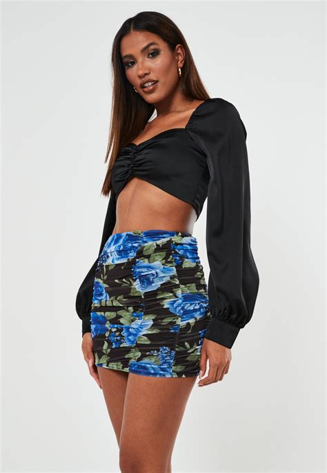 Black Floral Print Ruched Mesh Mini Skirt | Missguided