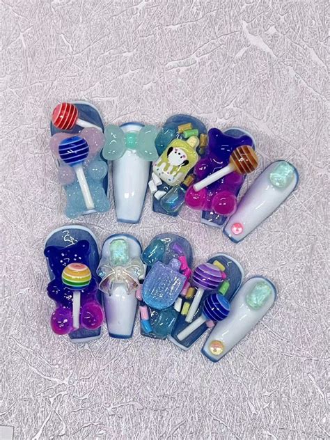 Purple Blue Bear Holds Lollipop Press On Nail Cute Bear Nails Lollipop Nails Kawaii Nails