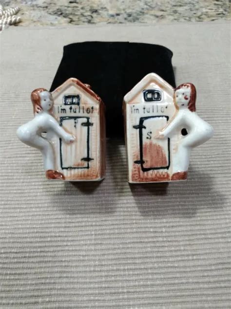 Vintage Risque Naked Lady Outhouse Ceramic Salt Pepper Shakers I M My XXX Hot Girl