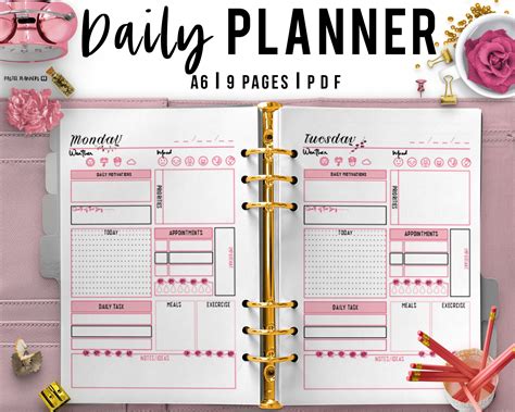 A6 Pink Daily Planner Printable Day Organizer Daily Agenda Exercise