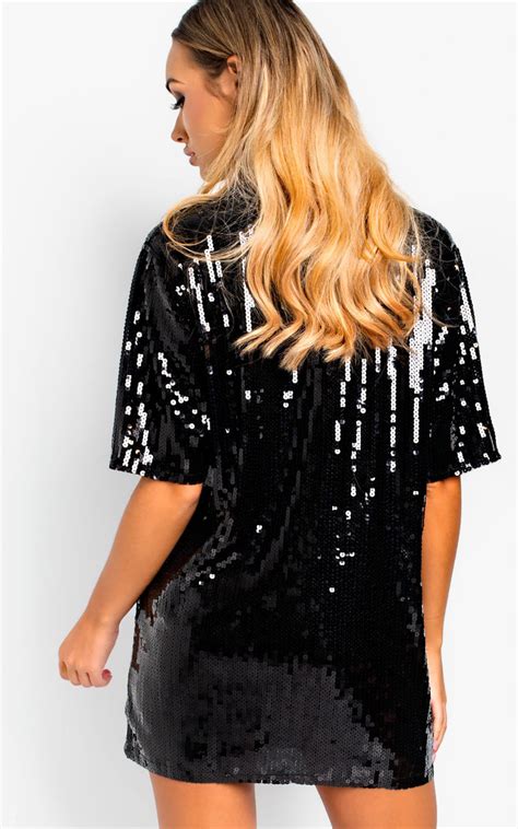 Gigi Sequin Oversized T Shirt Dress In Black Ikrush