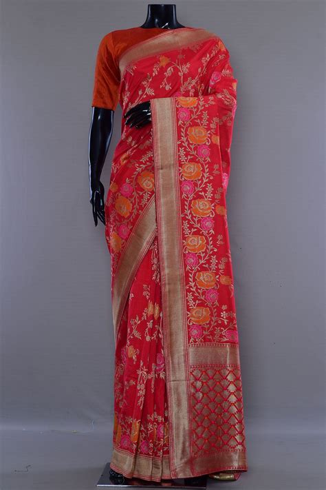 Buy Coral Red Zari Woven Handloom Tussar Silk Saree Online Tussar Silk