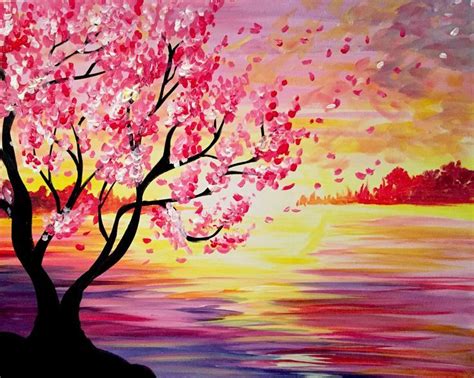 Pink Flowering Tree And Orange Pink Sunset Painting Paint Nite