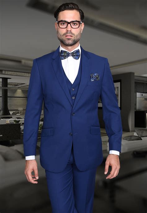 Statement Stzv 100 3pc Solid Color Sapphire Suit Modern Fit Flat Front